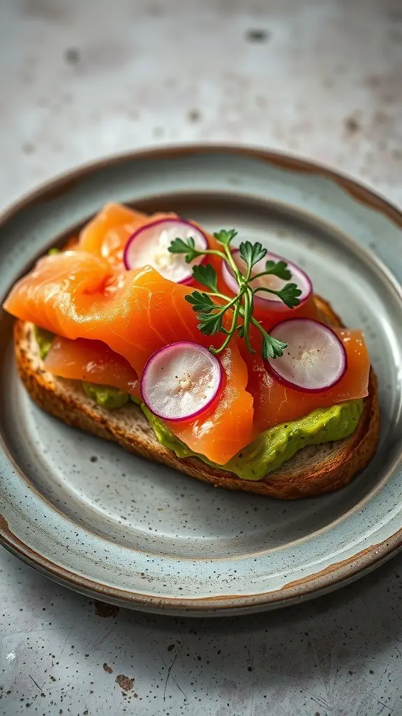 A plate of smoked salmon avocado toast topped with radishes and herbs.
