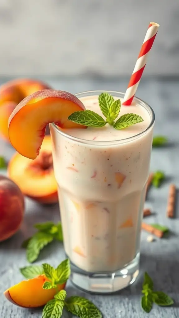 A refreshing peach and yogurt smoothie garnished with a peach slice and mint leaves.