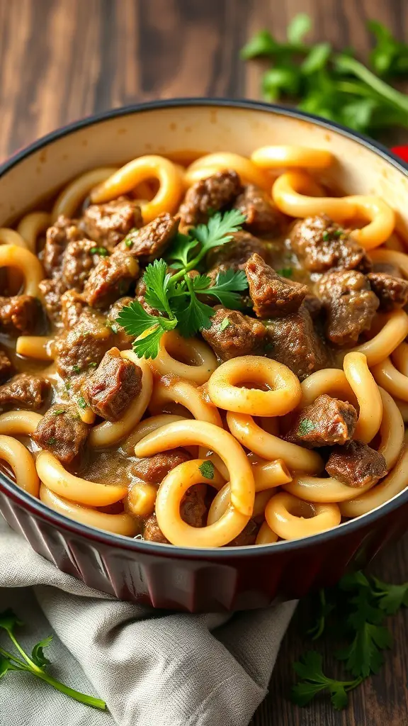 A bowl of beef stroganoff with elbow pasta, garnished with herbs.