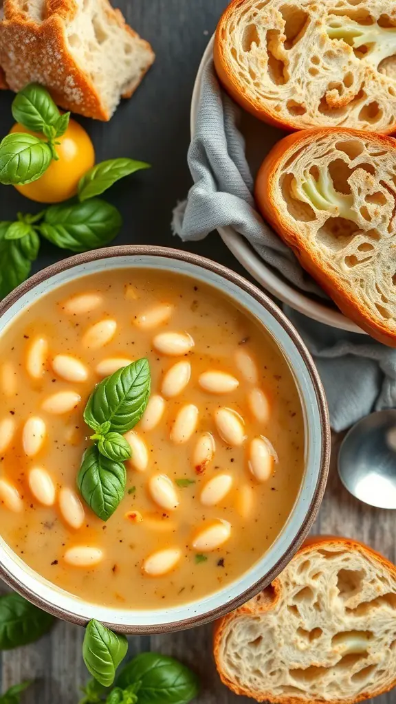A bowl of roasted cauliflower and white bean soup garnished with basil, alongside slices of crusty bread.