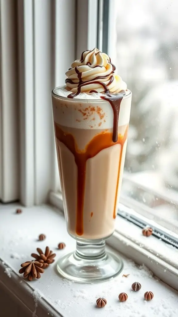 A glass of Toasted White Chocolate Mocha topped with whipped cream and chocolate sauce