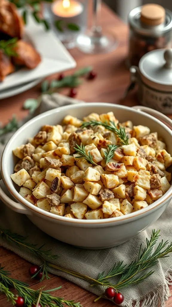 A bowl of classic stuffing with sage, garnished with fresh herbs, set on a wooden table.