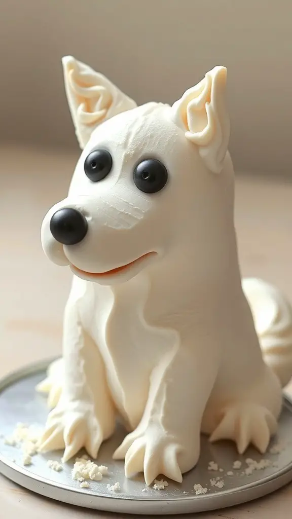 A cake shaped like Zero from The Nightmare Before Christmas, with white frosting and black eyes.
