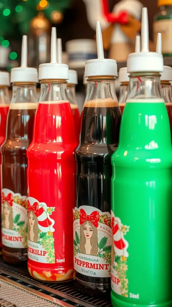 Colorful bottles of holiday flavor syrups for a Christmas coffee bar