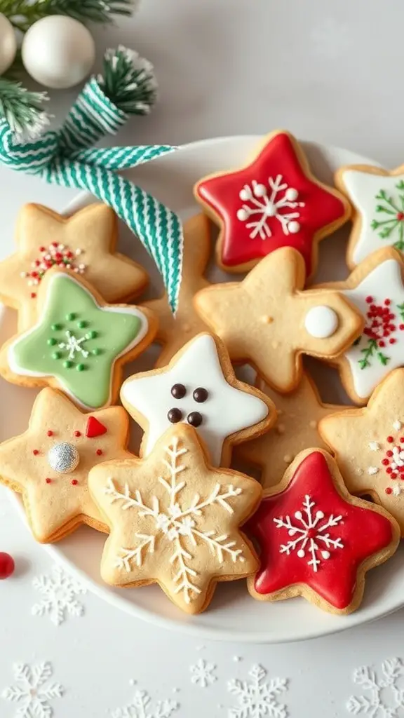 A plate of decorated Christmas sugar cookies shaped like stars and snowflakes.