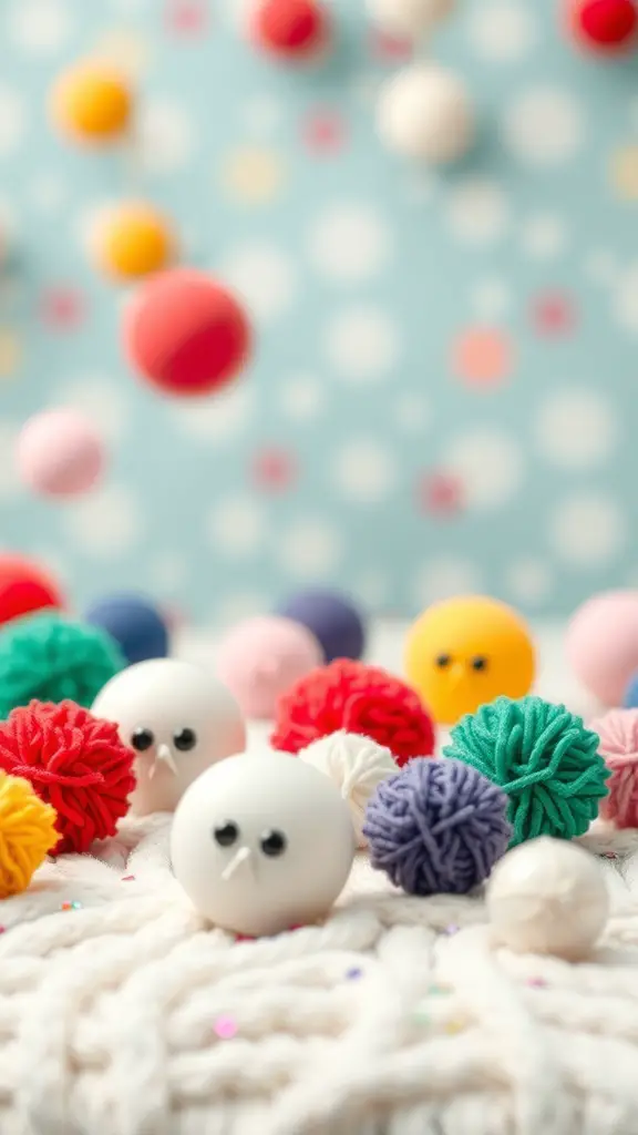 Colorful pom-pom ornaments including snowmen on a blue background
