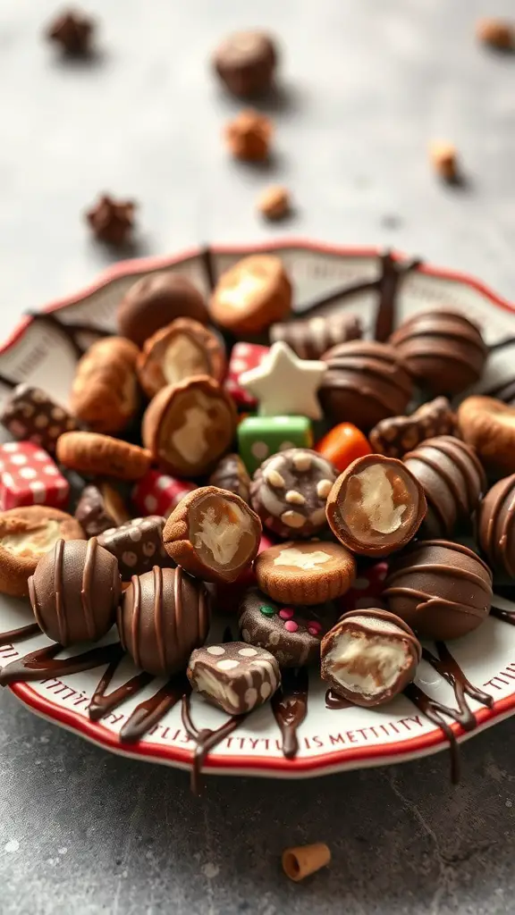 A colorful assortment of chocolate-covered hard candies on a decorative plate.