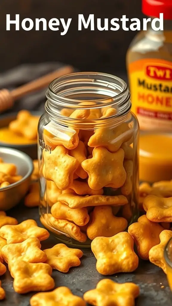 A jar filled with honey mustard flavored oyster crackers, surrounded by more crackers and a bottle of honey mustard.