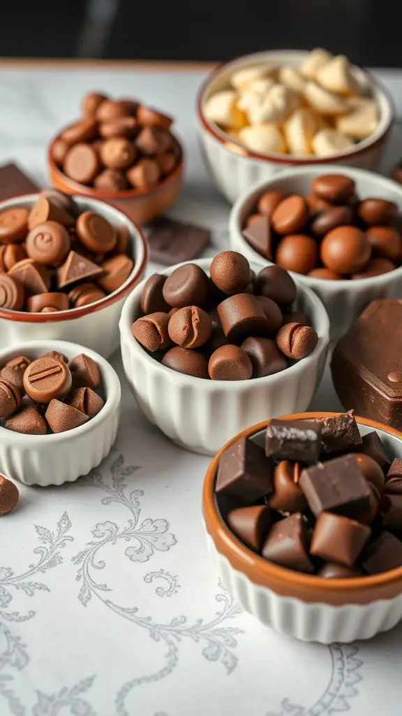 An assortment of chocolates in bowls, perfect for a hot chocolate bar.