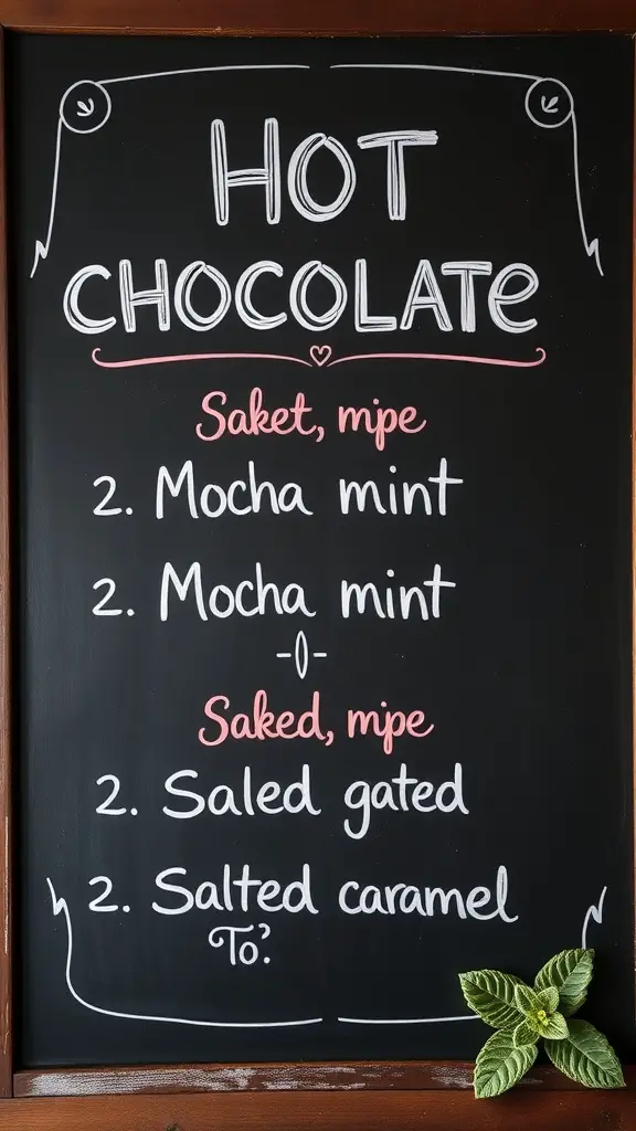 Chalkboard menu featuring creative hot chocolate flavors
