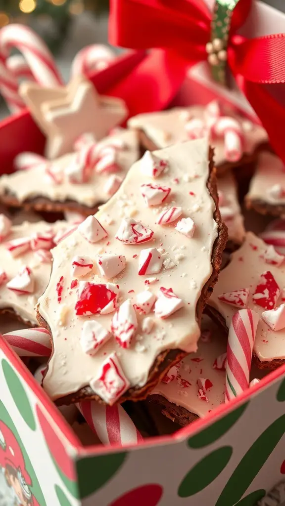 A box filled with peppermint bark cookies shaped like Christmas trees, decorated with crushed peppermint and candy canes.