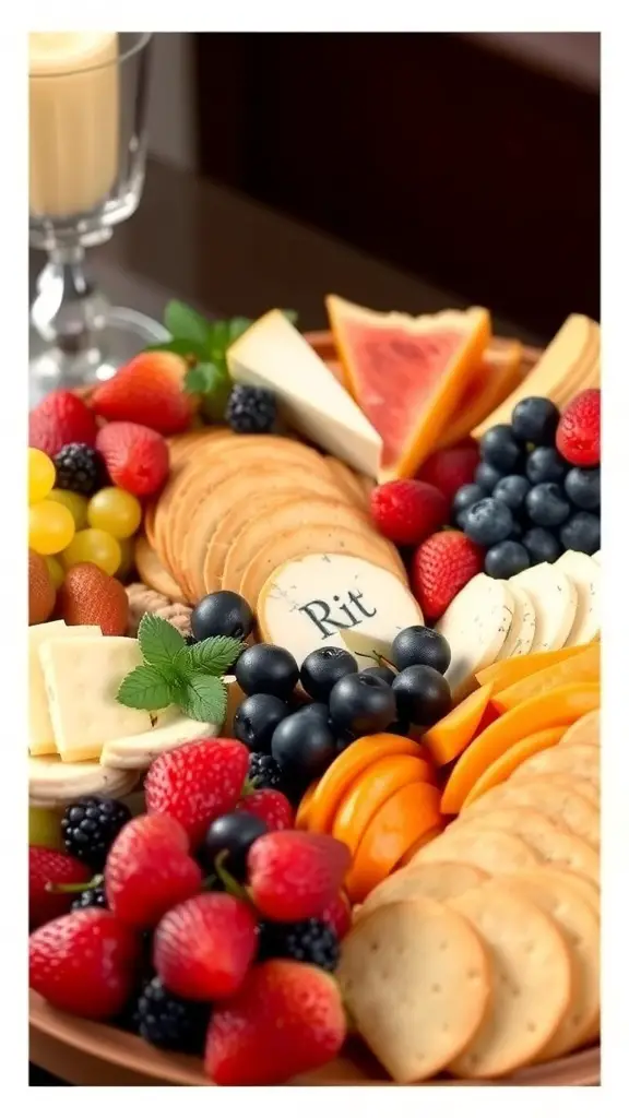 A colorful fruit and cheese platter featuring Ritz crackers, fresh fruits, and various cheeses.