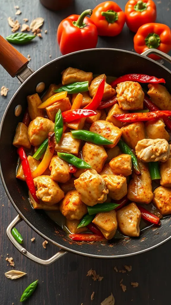 A colorful chicken and vegetable stir-fry in a pan, featuring bell peppers and green beans.