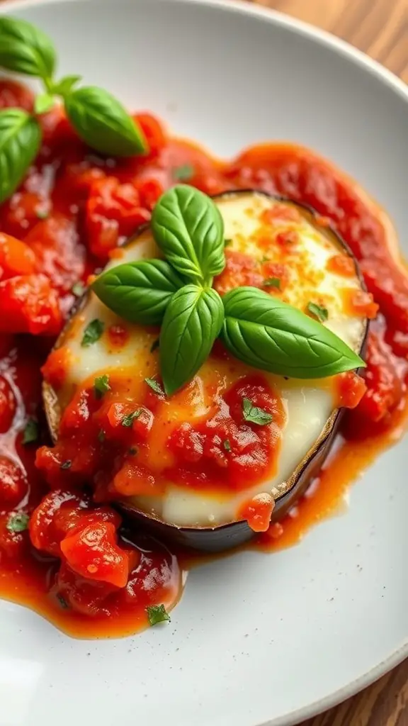A plate of eggplant parmesan topped with marinara sauce and fresh basil