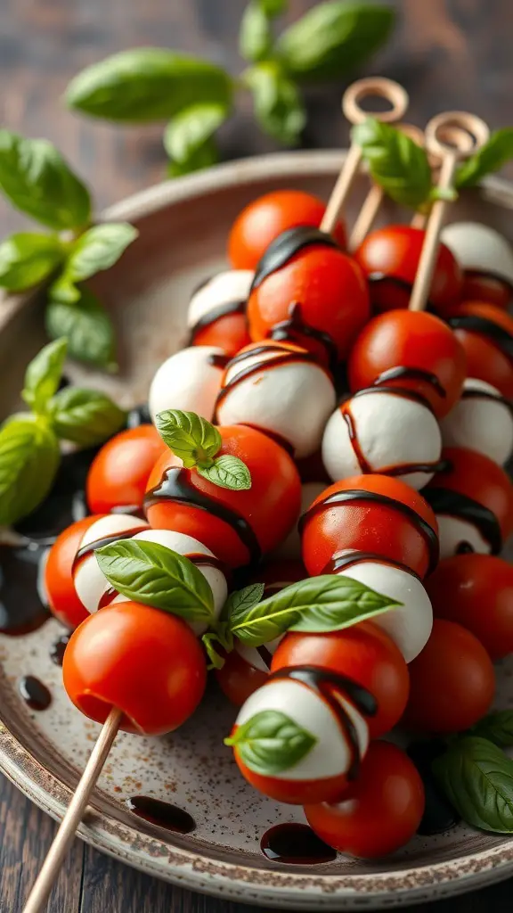 A plate of Caprese skewers with cherry tomatoes, mozzarella balls, and fresh basil drizzled with balsamic glaze.