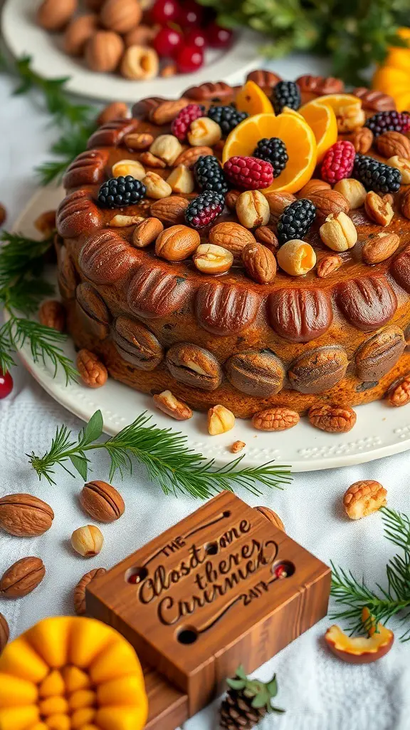 A beautifully decorated traditional fruitcake topped with nuts and dried fruits.