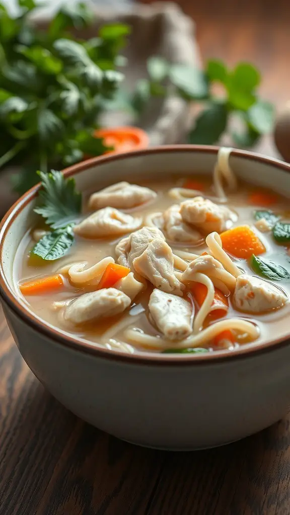 A bowl of hearty chicken noodle soup with chicken, noodles, carrots, and herbs.