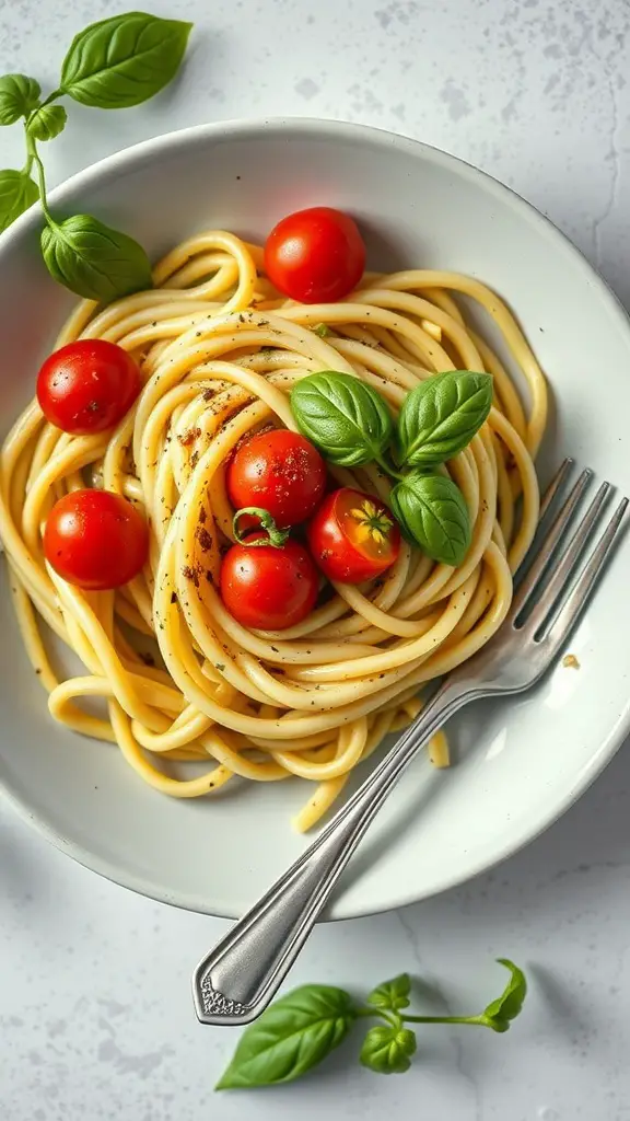 A plate of creamy avocado pasta topped with cherry tomatoes and basil.