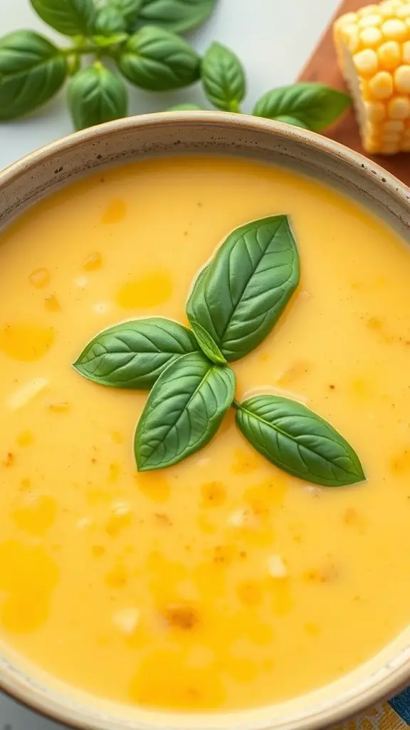 A bowl of Sweet Corn and Basil Soup garnished with fresh basil leaves