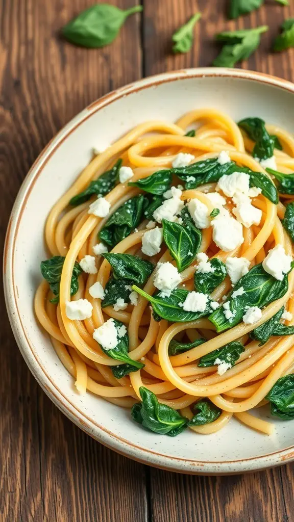 A plate of creamy cavatappi pasta with spinach and feta cheese on a wooden table.
