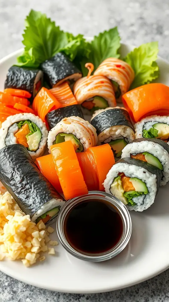 A plate of colorful vegetable sushi rolls with soy sauce and pickled ginger