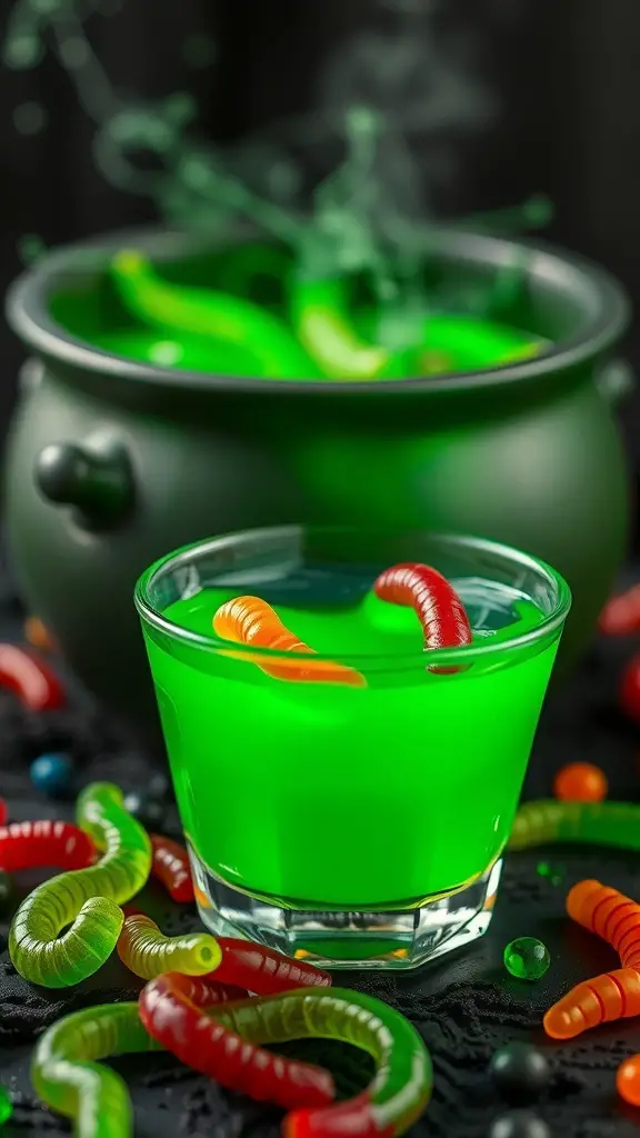 A glass of green jello with gummy worms, next to a bubbling cauldron, perfect for Halloween.