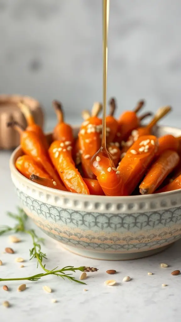 A bowl of honey garlic glazed carrots drizzled with honey and topped with sesame seeds.