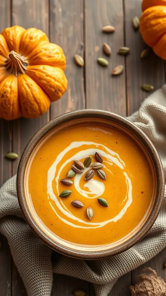 A bowl of creamy butternut squash soup topped with pumpkin seeds, surrounded by pumpkins on a wooden table.