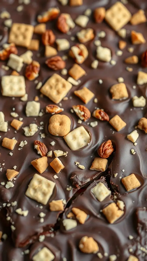 A close-up of chocolate bark topped with Ritz crackers and nuts.