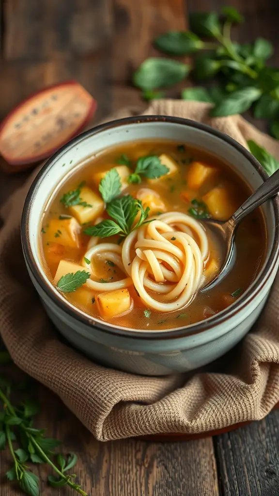 A bowl of classic chicken noodle soup with noodles, potatoes, and herbs on a wooden table.