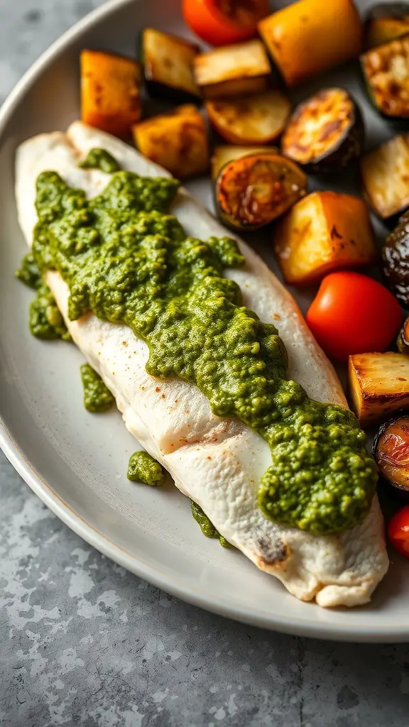 Pesto stuffed fish fillets served with roasted vegetables