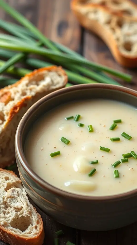 A bowl of creamy potato and leek soup with chives, accompanied by slices of bread.