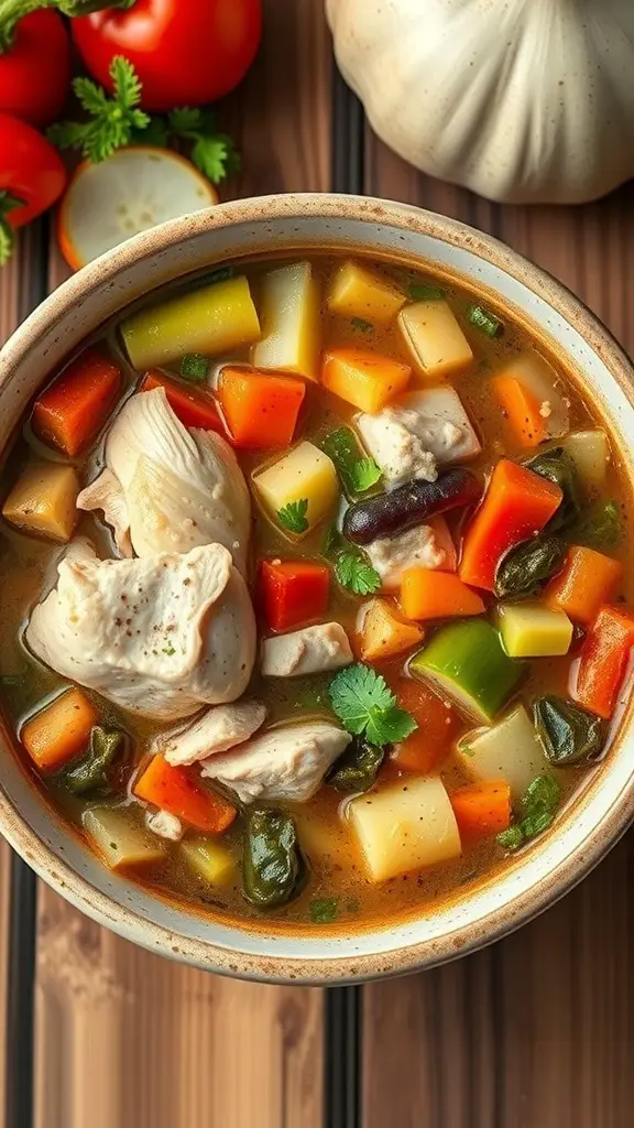 A bowl of vegetable chicken soup with colorful vegetables and chicken pieces.