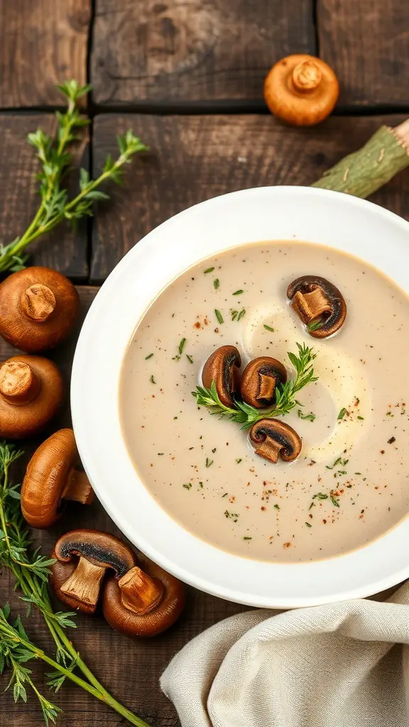 A bowl of creamy mushroom and thyme soup garnished with mushrooms and thyme, surrounded by fresh mushrooms on a wooden table.