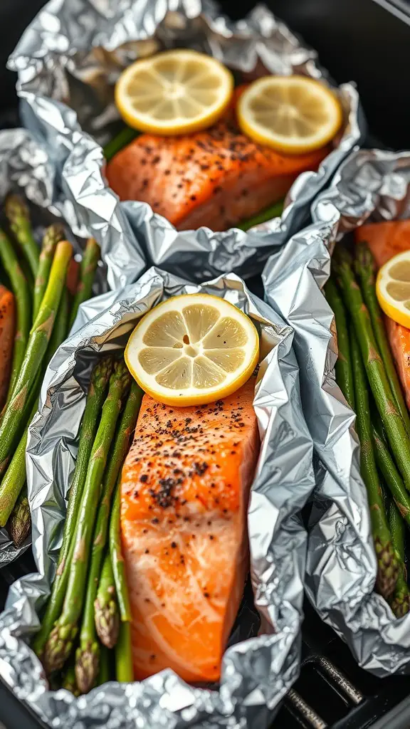 Salmon fillets with asparagus and lemon slices wrapped in foil