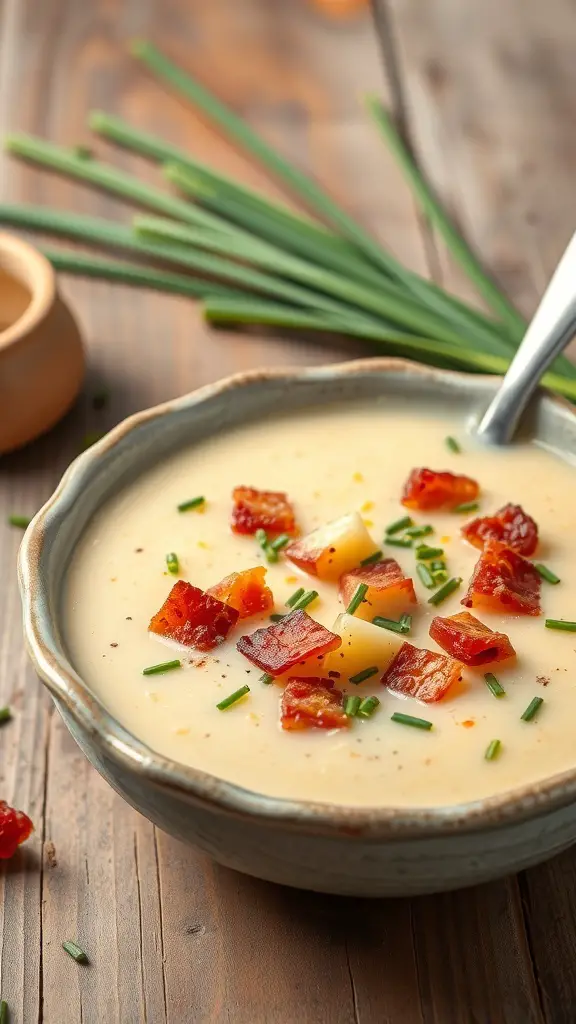 A bowl of creamy potato leek soup topped with crispy bacon and chives, placed on a wooden table.