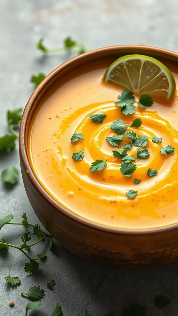 A bowl of curried cauliflower soup garnished with cilantro and a lime slice.