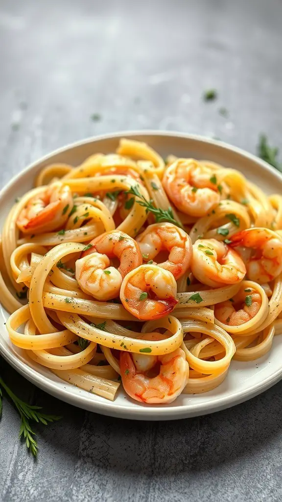 A plate of elbow pasta with shrimp and garlic, garnished with fresh herbs.