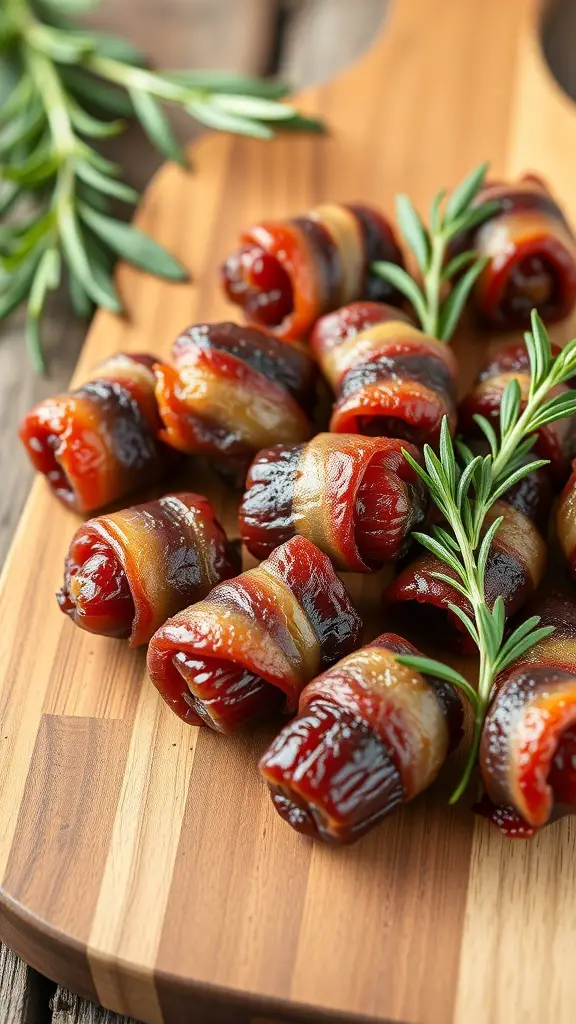 A wooden platter with bacon-wrapped dates garnished with rosemary.