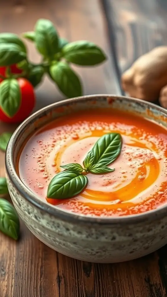 A bowl of creamy tomato basil soup garnished with fresh basil leaves, placed on a wooden table with tomatoes and basil in the background.