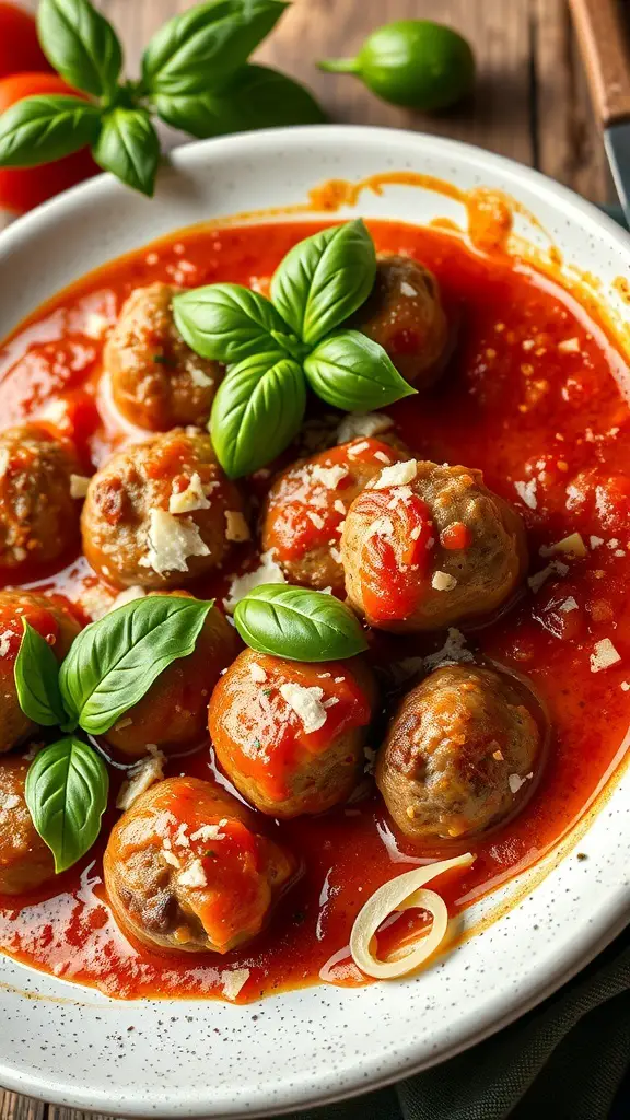 A plate of classic Italian meatballs in marinara sauce garnished with fresh basil.