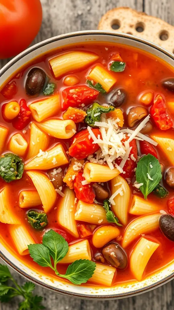 A bowl of vegetable minestrone soup with pasta, beans, and fresh vegetables in a rich tomato broth.