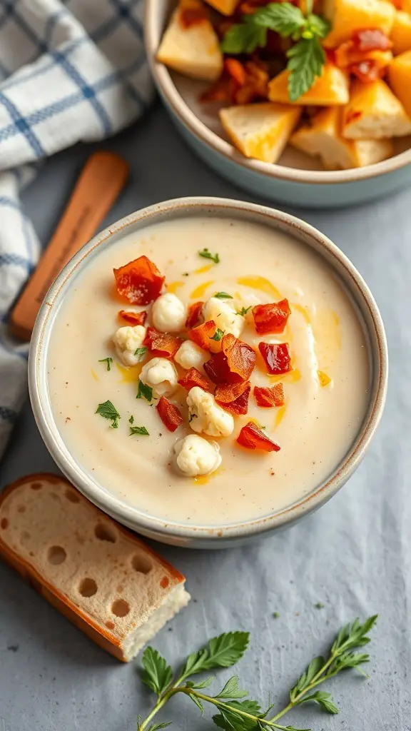A bowl of creamy cauliflower and cheddar soup topped with bacon bits and herbs, alongside a slice of bread.