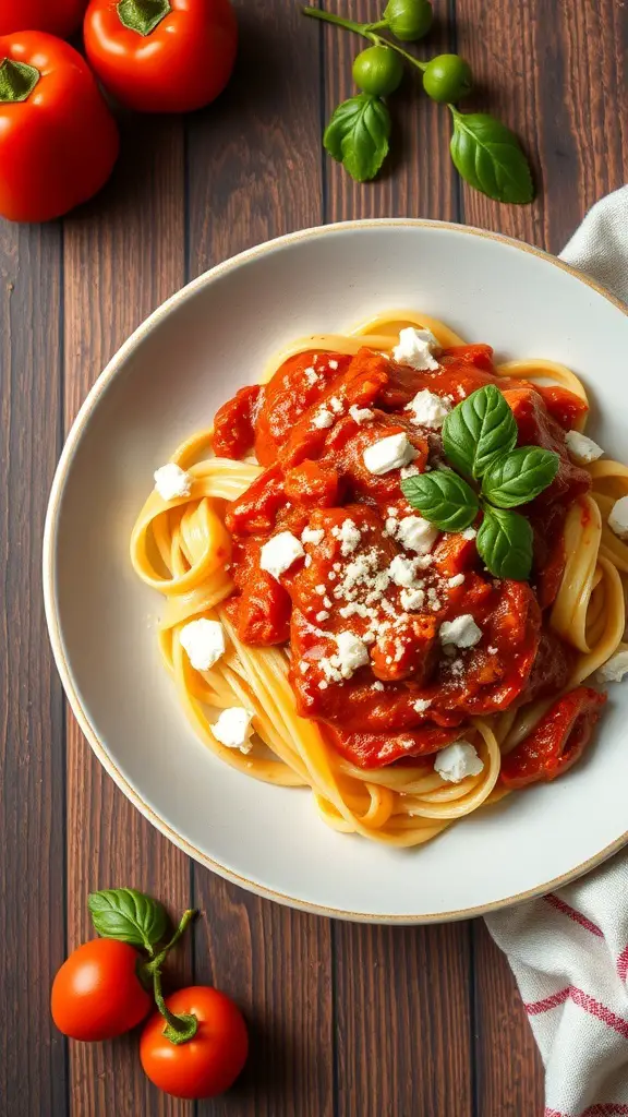 A plate of fettuccine pasta topped with roasted red pepper sauce and garnished with basil and feta cheese.