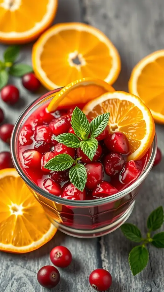 A bowl of cranberry orange relish garnished with mint, surrounded by orange slices and fresh cranberries.
