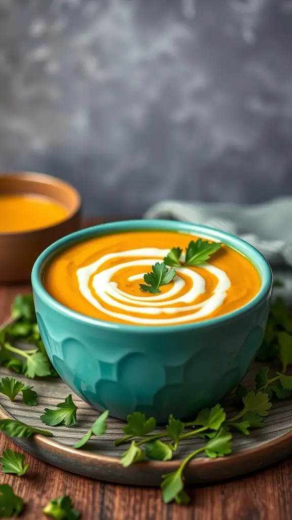 A bowl of creamy curried butternut squash soup topped with a swirl of cream and fresh cilantro.