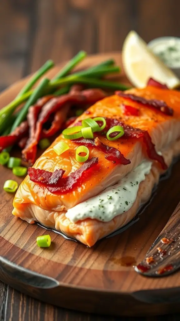 A beautifully plated bacon and cream cheese stuffed salmon with green onions and a side of vegetables.