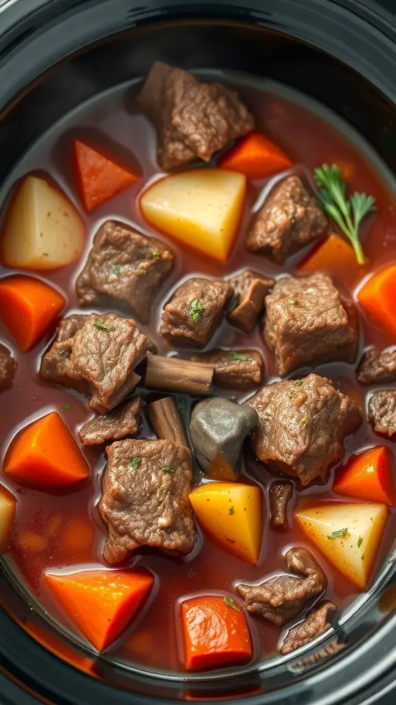 A close-up of a crockpot filled with beef stew, featuring chunks of beef and colorful root vegetables in a rich broth.