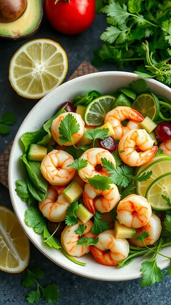 A colorful Shrimp Avocado Salad with shrimp, avocado, lime, and greens.