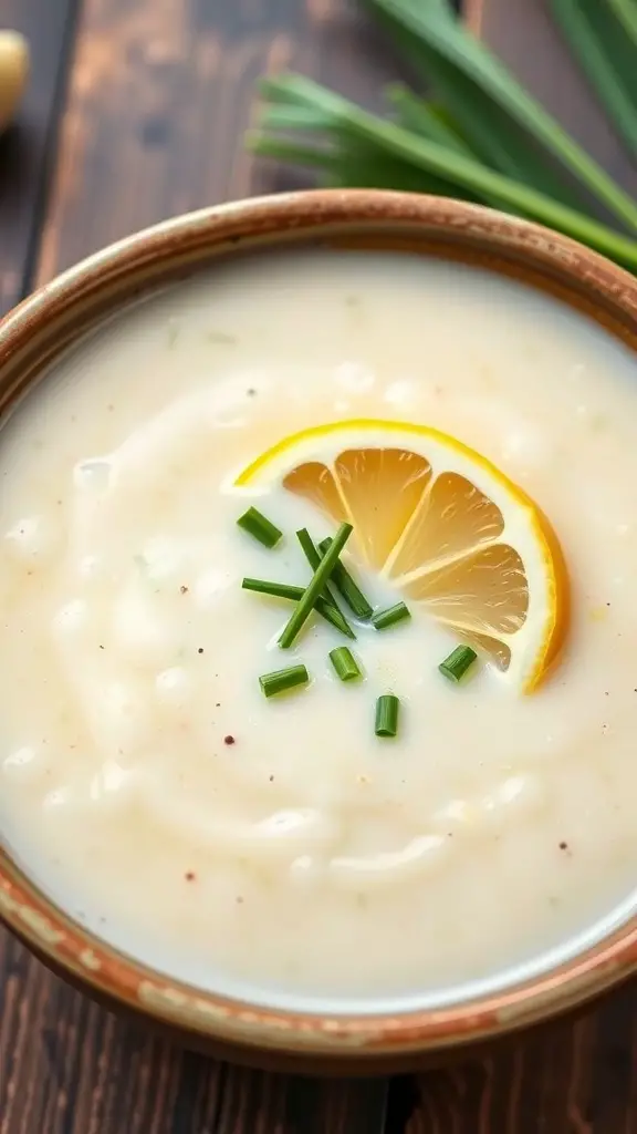 A bowl of creamy cauliflower and leek soup garnished with lemon slices and chives.